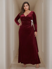 V-Neck A-Line Princess Floor-Length Velvet Mother of the Bride Dress with Ruffled Long Sleeves