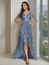 V-Neck A-Line Princess Short Sleeve Asymmetrical Mother of the Bride Dress with Sequins