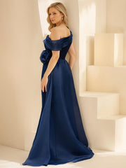 Off-the-Shoulder Floor-Length Mother of the Bride & Groom Dress with Long Sleeves Flower and Overskirt