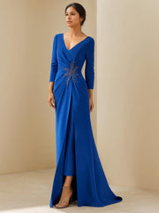 V-Neck Floor-Length Mother of the Bride Dress With 3/4 Sleeves Ruffles Beading & Appliques