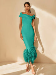 Unique Off-the-Shoulder Tea-Length Mother of the Bride Dress with Short Sleeves and Feathers
