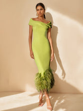Unique Off-the-Shoulder Tea-Length Mother of the Bride Dress with Short Sleeves and Feathers