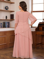 Plus Size Floor-Length Mother of the Bride A-Line Dress with Scoop Neck and Ruffled Half Sleeves