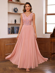 Floor-Length Princess V-Neck Mother of the Bride A-Line Dress with Appliques & Wrap in 2 Pics