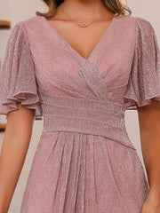 Unique V-Neck A-Line Princess Ankle-Length Mother of the Bride Dresses with Ruffles and Short Sleeves