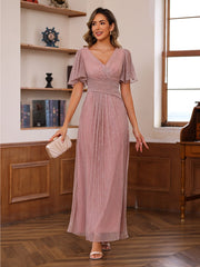 Unique V-Neck A-Line Princess Ankle-Length Mother of the Bride Dresses with Ruffles and Short Sleeves