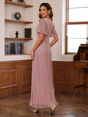 Unique V-Neck A-Line Princess Ankle-Length Mother of the Bride Dresses with Ruffles and Short Sleeves