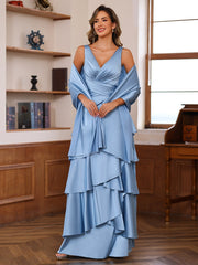 V-Neck Sleeveless A-Line Princess Floor-Length Mother of the Bride Dress With Ruffles & Wrap