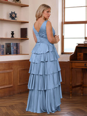 V-Neck Sleeveless A-Line Princess Floor-Length Mother of the Bride Dress With Ruffles & Wrap