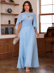 Plus Size V-Neck A-Line Princess Floor-Length Mother of the Bride Dress with Appliques Ruffles & Wrap in 2 Pics