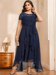 Unique Plus Size Mother of the Bride A-Line Dress with Scoop Neck Short Sleeves Bow Ruffles & Sequins