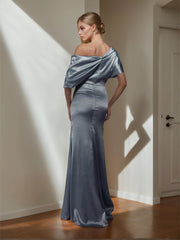 One-Shoulder A-Line Princess Floor-Length Mother of the Bride Dress with Short Sleeves and Side Split