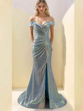 Off-the-Shoulder Sleeveless Mermaid/Trumpet Floor-Length Gown with Side Split Sequins and Ruffles