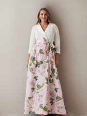 Printed Floral Plus Size Mother of the Bride A-Line Dress with V-Neck 3/4 Sleeves and Bow Belt