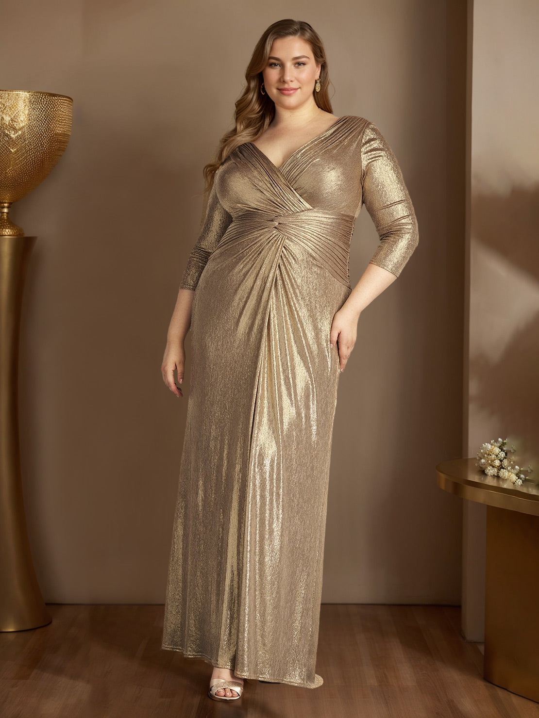Princess A-Line V-Neck Floor-Length Plus Size Mother of the Bride Dress with 3/4 Sleeves and Ruffles