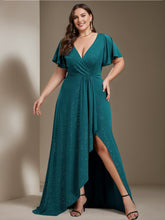 Plus Size Asymmetrical A-Line Princess Dress with Deep V-Neck and Ruffled Short Sleeves