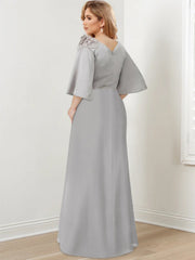 Floor-Length A-Line Princess Gown with Scoop Neck and 3/4 Ruffled Sleeves for the Mother of the Bride