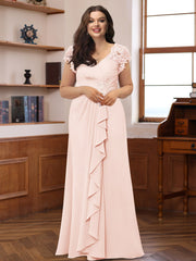 Plus Size V-Neck A-Line Princess Dress with Short Sleeves Ruffles and Appliques for Mothers of the Bride & Groom