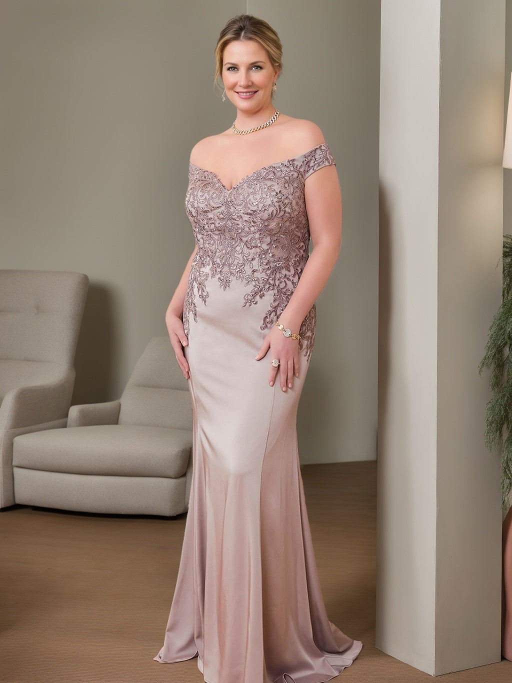 Plus Size Off-the-Shoulder Beaded Trumpet/Mermaid Mother of the Bride Gown Floor-Length