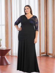 V-Neck Half-Sleeve Plus-Size Floor-Length Mother of the Bride Sheath Dress with Appliques and Ruffles