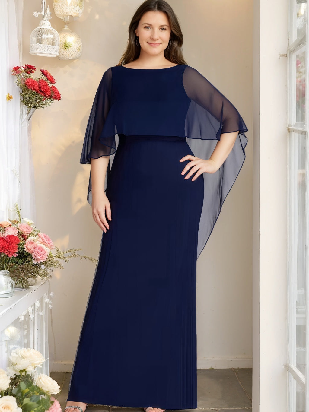 Plus Size Mother of the Bride Scoop Neck Sheath Dress with Half Sleeves