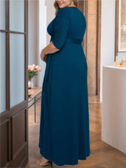 Unique Plus Size V-Neck A-Line Mother of the Bride Dress with Asymmetrical Ruffles and Half Sleeves