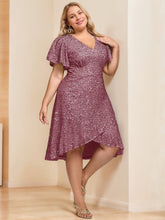 V-Neck A-Line Princess Short Sleeve Asymmetrical Plus Size Mother of the Bride Dress with Sequins and Ruffles