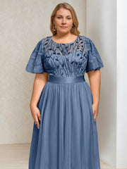 Plus Size Tea-Length Mother of the Bride Dress with Sequins and Embroidery A-Line/Princess Cut Round Neck and Short Sleeves