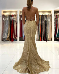 Newinlook Gold Appliques Long Mermaid Evening Dress