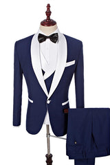 Newinlook One Button Navy Blue Fashion Slim Fit, Three Pieces with White Shawl Lapel