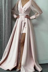 Newinlook A-Line Long Slit Puff Sleeves Evening Dress