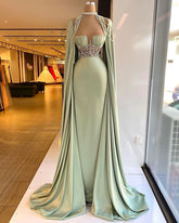 Newinlook Elegant Straps Square Sage Green Mermaid Evening Dress With Beads