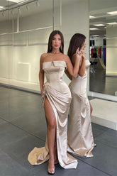 Newinlook Stylish Strapless Mermaid Split Champagne Evening Dress With Pleated