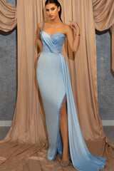 Newinlook Sky Blue One Shoulder Spaghetti-Straps Slit Sweetheart Mermaid Evening Dress With Sequins