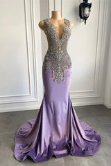 Elegant Lilac Mermaid Prom Dresses with Scoop Neckline Sleeveless and Crystal Beadings