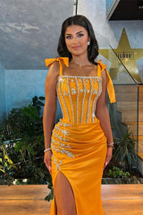 Newinlook Stunning Mermaid Straps Beadings Slit Evening Dress With Rhinestone