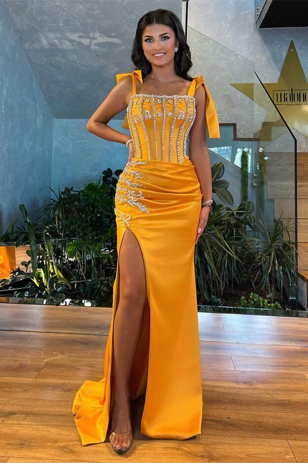Newinlook Stunning Mermaid Straps Beadings Slit Evening Dress With Rhinestone