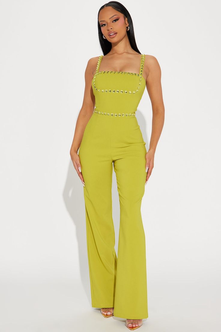Newinlook Fashion Green Square Neck Spaghetti-Straps Slim Fit Jump Suit