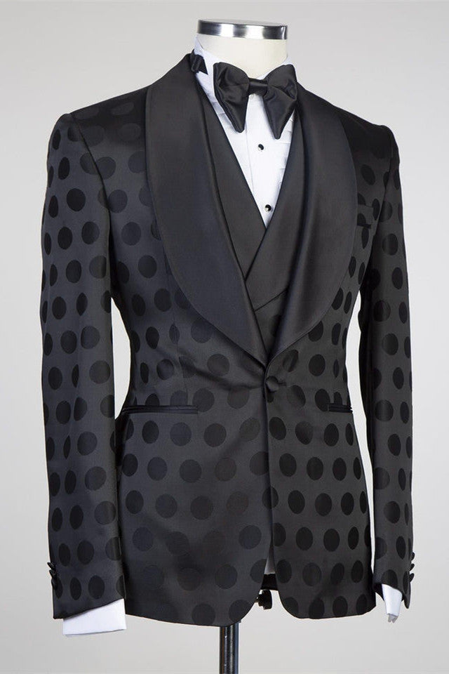 Newinlook Handsome Formal Prom Suit with Black Pattern, Three Pieces and Shawl Lapel