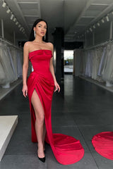 Newinlook Red Strapless Mermaid Charmeuse Evening Dress Split