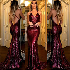 Newinlook Backless Sequins Burgundy Evening Dress