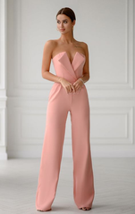 Newinlook Elegant Pink Strapless Fold Collar Long Jump Suit
