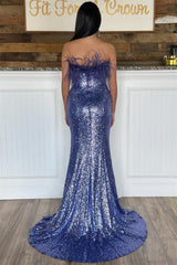 Newinlook Fashionable Strapless Sequins Slit Mermaid Evening Dress With Feather