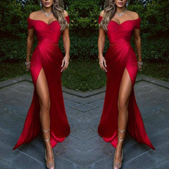 Newinlook Burgundy Mermaid Off-The-Shoulder Evening Dress With Sweetheart Front Split