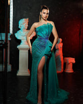 Tulle Sleeveless Shining Strapless Beading Front Split Formal Dress