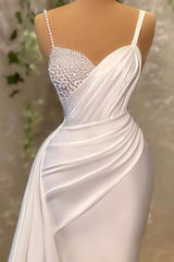 Newinlook White Mermaid Spaghetti Strap Evening Dress Long With Pearls