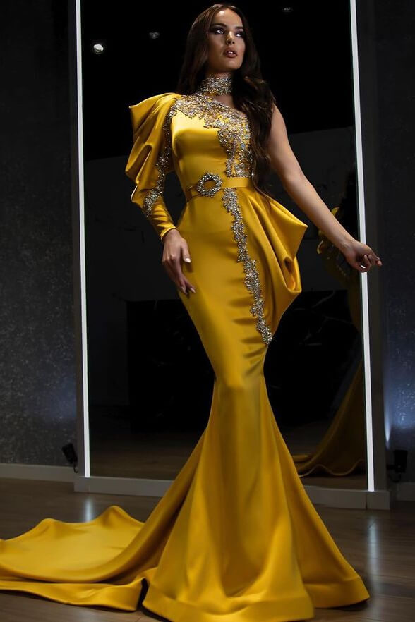 Newinlook Yellow Mermaid One Shoulder Long Sleeve Evening Dress With Beadings Halter