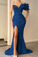 Newinlook Glitter Orange V-Neck Mermaid Split Off-The-Shoulder Evening Dress With Sequins