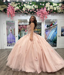 Ball Gown with Sweetheart Neckline Floral Lace Appliques & Beaded Details Pink Tulle Quinceanera Dress for Sweet 16 & Birthday Parties