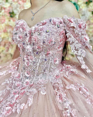Off-Shoulder Ball Gown with Delicate Lace Appliques Pink Tulle Princess Dress for Quinceanera Sweet 16 & Birthday Parties